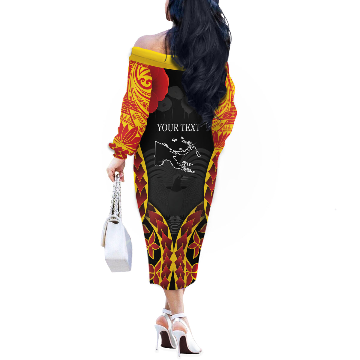 Personalised Papua New Guinea Remembrance Day Off The Shoulder Long Sleeve Dress LT9 - Polynesian Pride