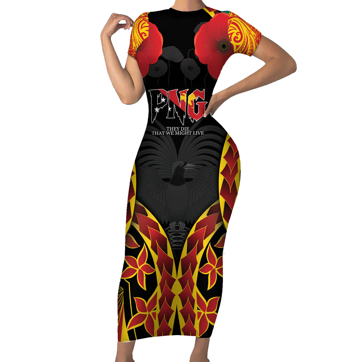 Personalised Papua New Guinea Remembrance Day Short Sleeve Bodycon Dress LT9 Long Dress Red - Polynesian Pride