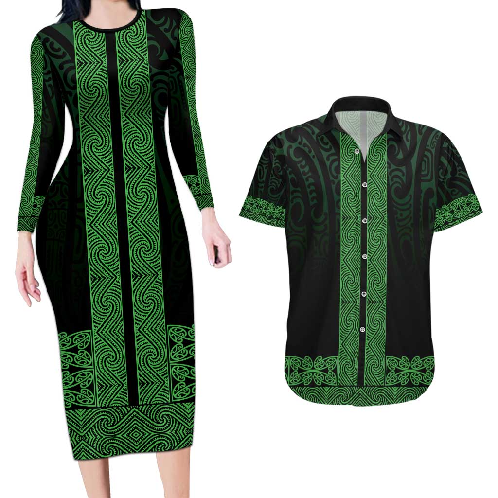 New Zealand Maori Kowhaiwhai Couples Matching Long Sleeve Bodycon Dress and Hawaiian Shirt Kakariki Maui and Mangopare