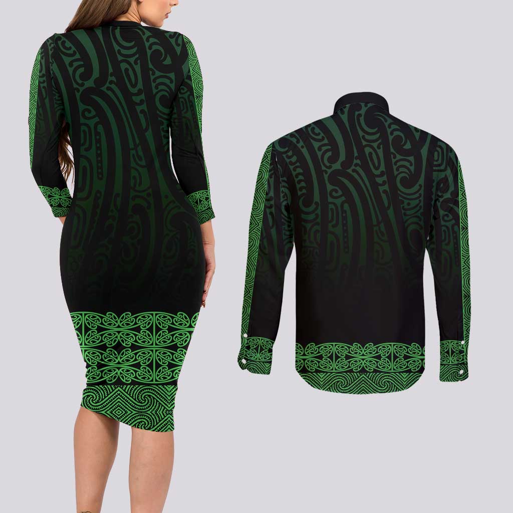 New Zealand Maori Kowhaiwhai Couples Matching Long Sleeve Bodycon Dress and Long Sleeve Button Shirt Kakariki Maui and Mangopare