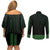 New Zealand Maori Kowhaiwhai Couples Matching Off Shoulder Short Dress and Long Sleeve Button Shirt Kakariki Maui and Mangopare