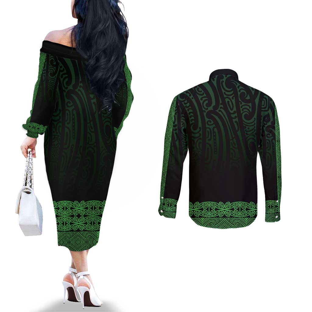 New Zealand Maori Kowhaiwhai Couples Matching Off The Shoulder Long Sleeve Dress and Long Sleeve Button Shirt Kakariki Maui and Mangopare