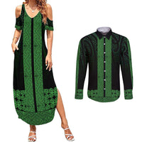 New Zealand Maori Kowhaiwhai Couples Matching Summer Maxi Dress and Long Sleeve Button Shirt Kakariki Maui and Mangopare