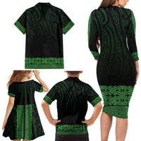 New Zealand Maori Kowhaiwhai Family Matching Long Sleeve Bodycon Dress and Hawaiian Shirt Kakariki Maui and Mangopare
