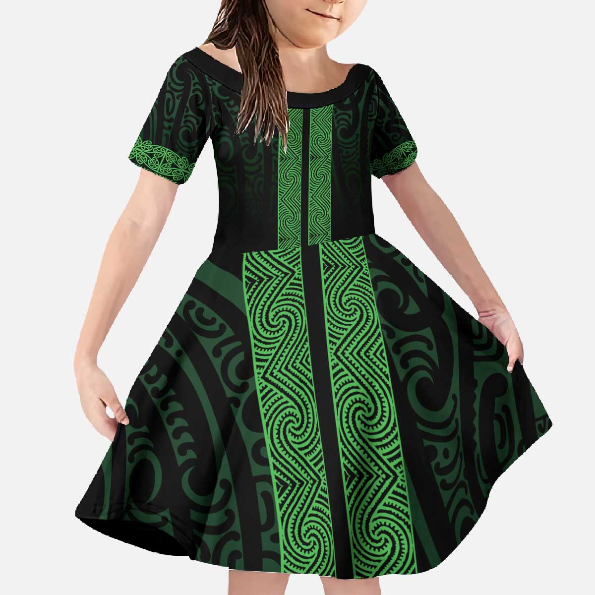 New Zealand Maori Kowhaiwhai Family Matching Off The Shoulder Long Sleeve Dress and Hawaiian Shirt Kakariki Maui and Mangopare