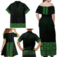 New Zealand Maori Kowhaiwhai Family Matching Off Shoulder Maxi Dress and Hawaiian Shirt Kakariki Maui and Mangopare