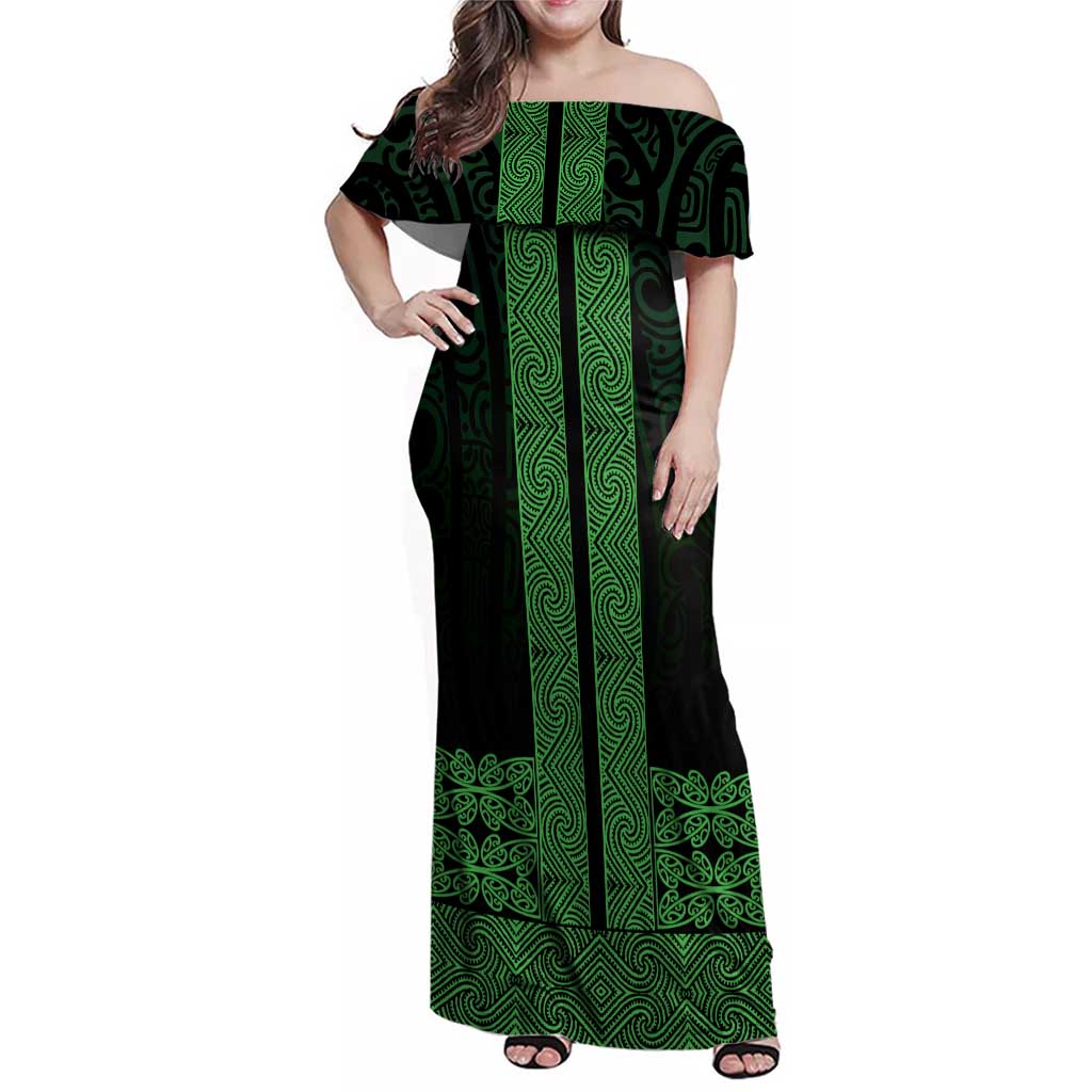 New Zealand Maori Kowhaiwhai Family Matching Off Shoulder Maxi Dress and Hawaiian Shirt Kakariki Maui and Mangopare