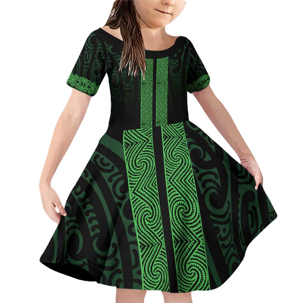 New Zealand Maori Kowhaiwhai Family Matching Off Shoulder Short Dress and Hawaiian Shirt Kakariki Maui and Mangopare