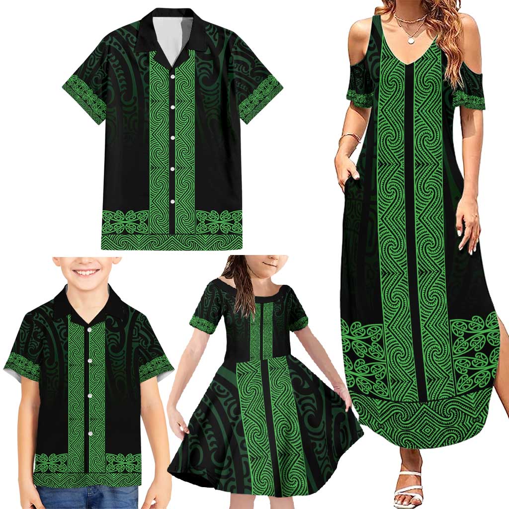 New Zealand Maori Kowhaiwhai Family Matching Summer Maxi Dress and Hawaiian Shirt Kakariki Maui and Mangopare