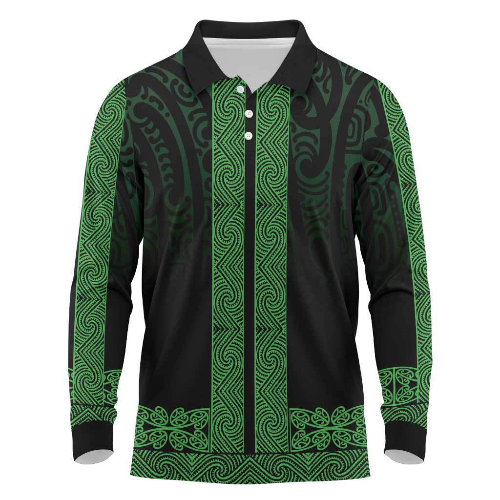 New Zealand Maori Kowhaiwhai Long Sleeve Polo Shirt Kakariki Maui and Mangopare