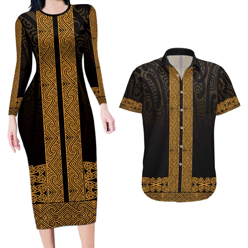 New Zealand Maori Kowhaiwhai Couples Matching Long Sleeve Bodycon Dress and Hawaiian Shirt Karaka Maui and Mangopare