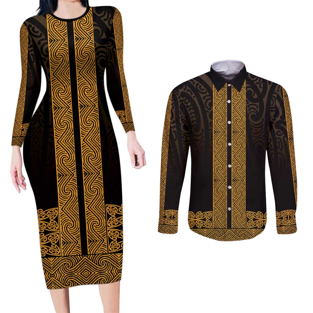 New Zealand Maori Kowhaiwhai Couples Matching Long Sleeve Bodycon Dress and Long Sleeve Button Shirt Karaka Maui and Mangopare