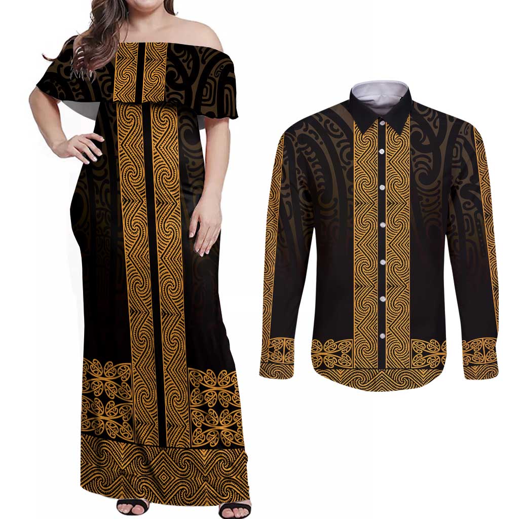 New Zealand Maori Kowhaiwhai Couples Matching Off Shoulder Maxi Dress and Long Sleeve Button Shirt Karaka Maui and Mangopare
