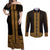 New Zealand Maori Kowhaiwhai Couples Matching Off Shoulder Maxi Dress and Long Sleeve Button Shirt Karaka Maui and Mangopare