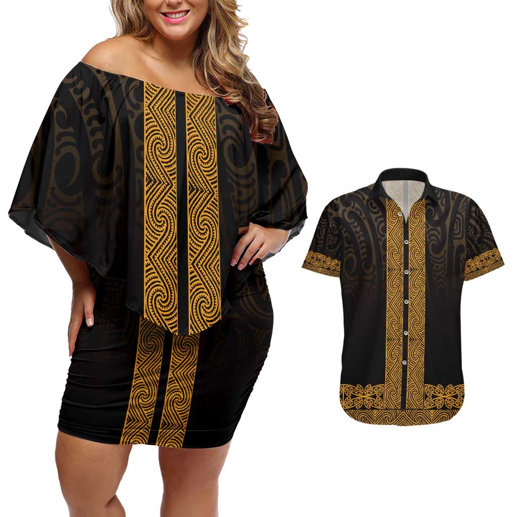 New Zealand Maori Kowhaiwhai Couples Matching Off Shoulder Short Dress and Hawaiian Shirt Karaka Maui and Mangopare