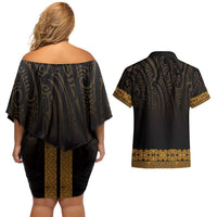 New Zealand Maori Kowhaiwhai Couples Matching Off Shoulder Short Dress and Hawaiian Shirt Karaka Maui and Mangopare