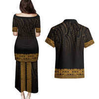 New Zealand Maori Kowhaiwhai Couples Matching Puletasi and Hawaiian Shirt Karaka Maui and Mangopare