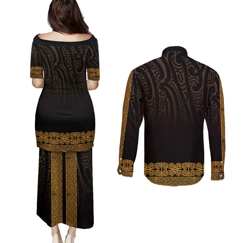 New Zealand Maori Kowhaiwhai Couples Matching Puletasi and Long Sleeve Button Shirt Karaka Maui and Mangopare