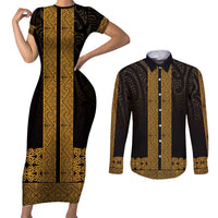 New Zealand Maori Kowhaiwhai Couples Matching Short Sleeve Bodycon Dress and Long Sleeve Button Shirt Karaka Maui and Mangopare
