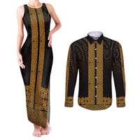 New Zealand Maori Kowhaiwhai Couples Matching Tank Maxi Dress and Long Sleeve Button Shirt Karaka Maui and Mangopare