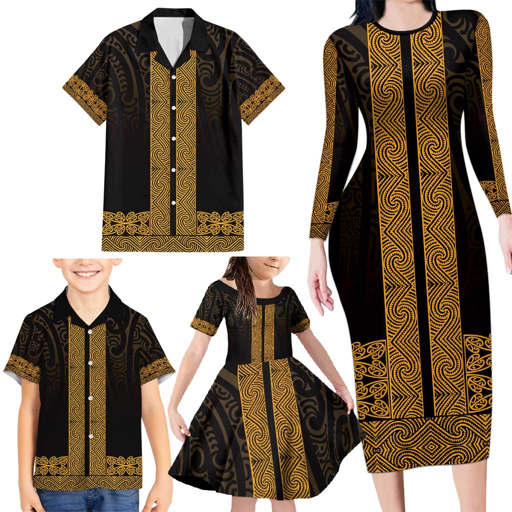 New Zealand Maori Kowhaiwhai Family Matching Long Sleeve Bodycon Dress and Hawaiian Shirt Karaka Maui and Mangopare