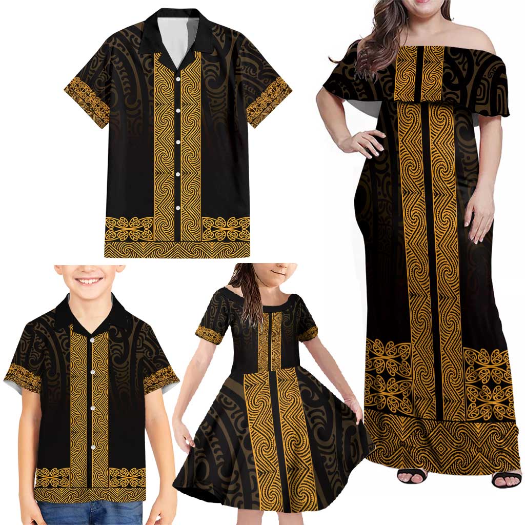 New Zealand Maori Kowhaiwhai Family Matching Off Shoulder Maxi Dress and Hawaiian Shirt Karaka Maui and Mangopare