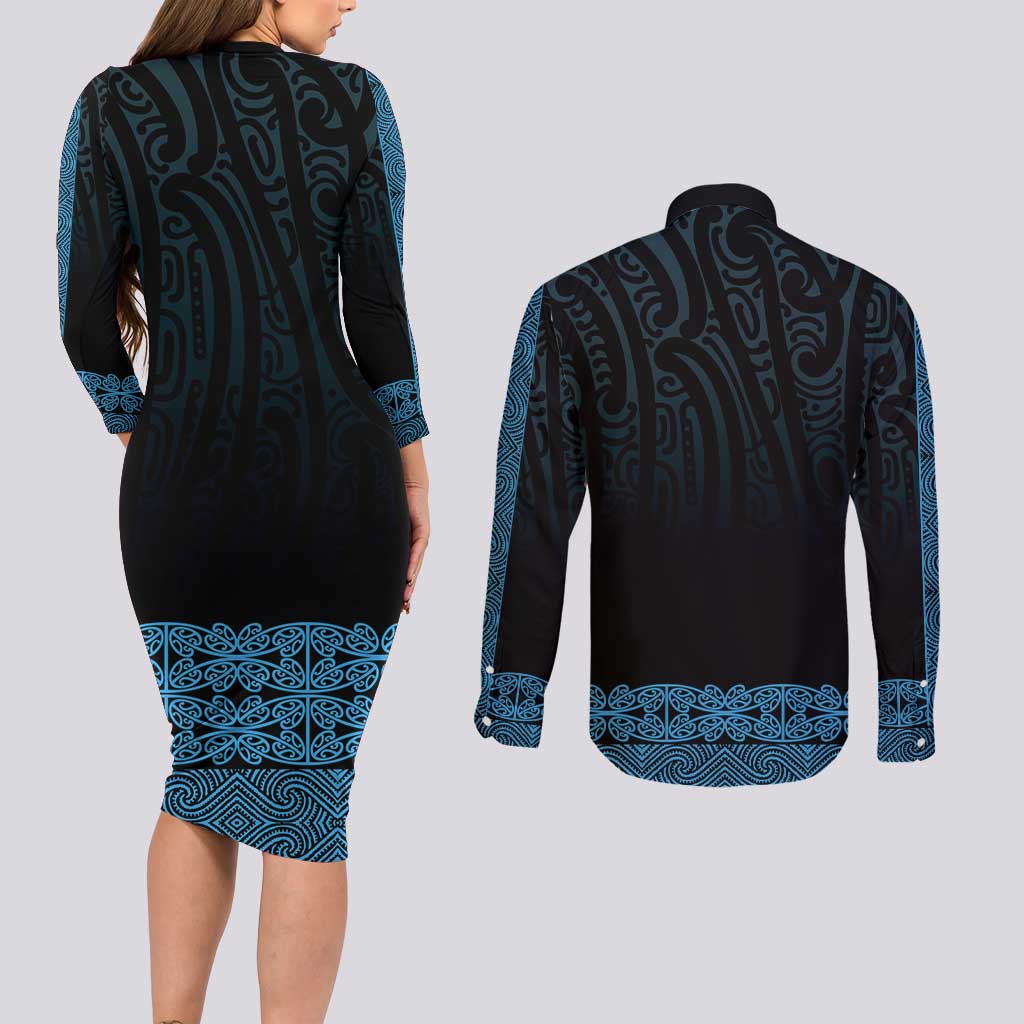 New Zealand Maori Kowhaiwhai Couples Matching Long Sleeve Bodycon Dress and Long Sleeve Button Shirt Kikorangi Maui and Mangopare