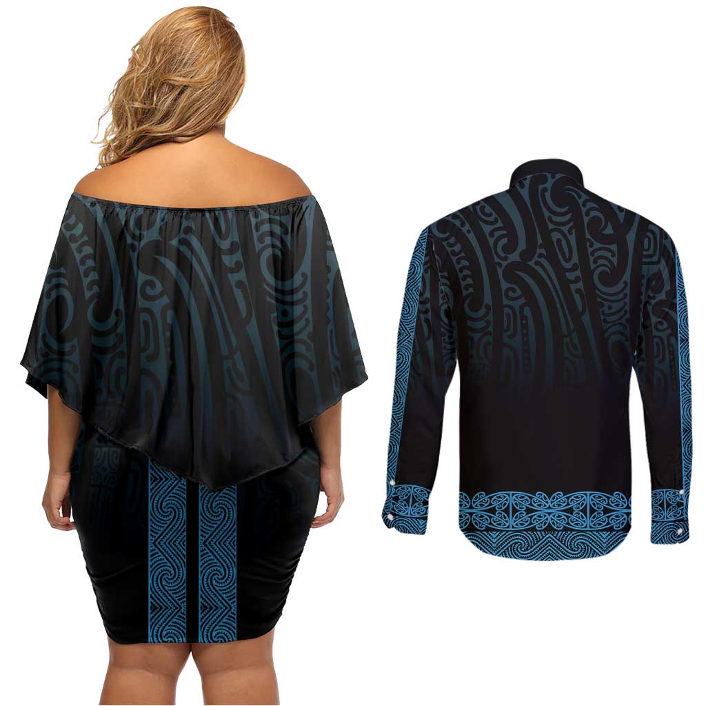 New Zealand Maori Kowhaiwhai Couples Matching Off Shoulder Short Dress and Long Sleeve Button Shirt Kikorangi Maui and Mangopare