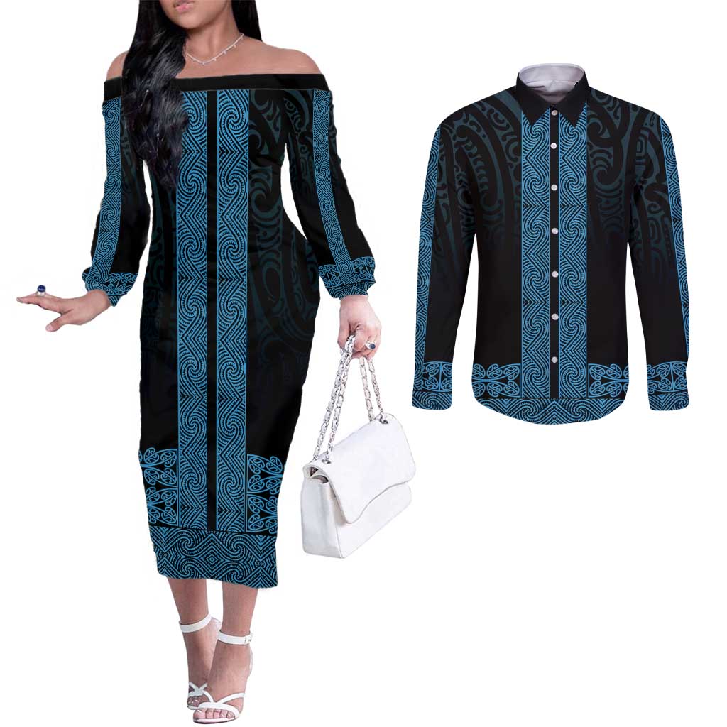 New Zealand Maori Kowhaiwhai Couples Matching Off The Shoulder Long Sleeve Dress and Long Sleeve Button Shirt Kikorangi Maui and Mangopare