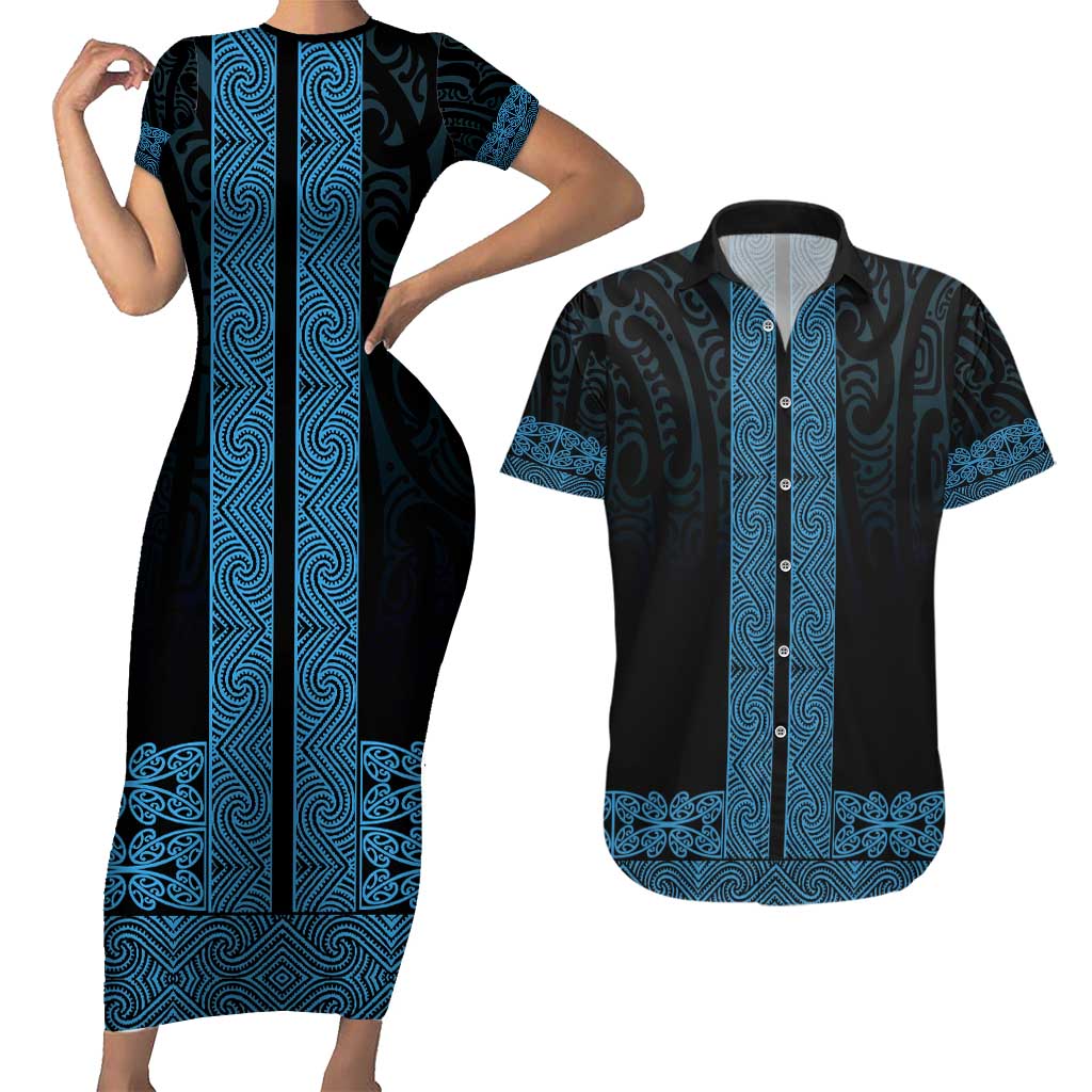 New Zealand Maori Kowhaiwhai Couples Matching Short Sleeve Bodycon Dress and Hawaiian Shirt Kikorangi Maui and Mangopare