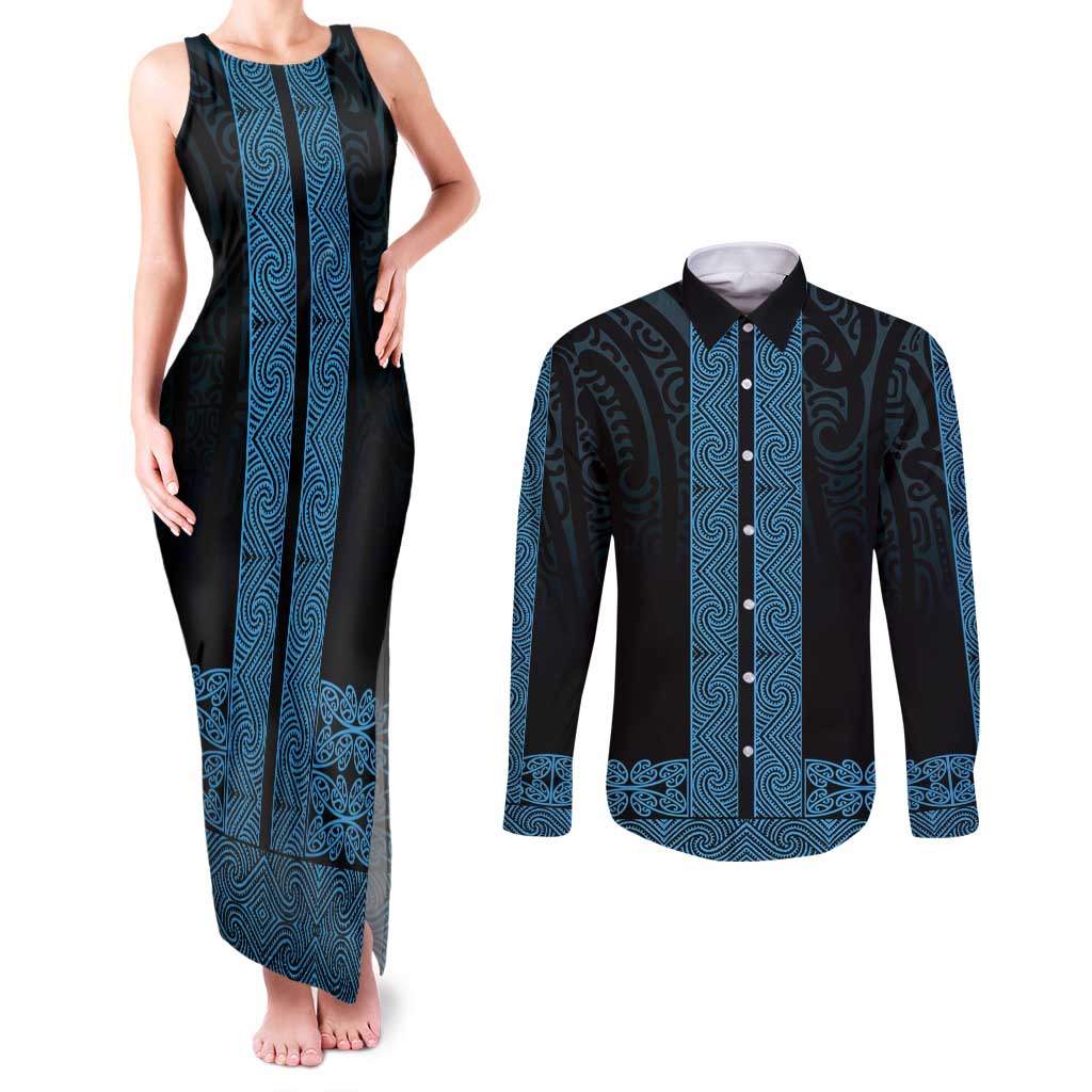 New Zealand Maori Kowhaiwhai Couples Matching Tank Maxi Dress and Long Sleeve Button Shirt Kikorangi Maui and Mangopare