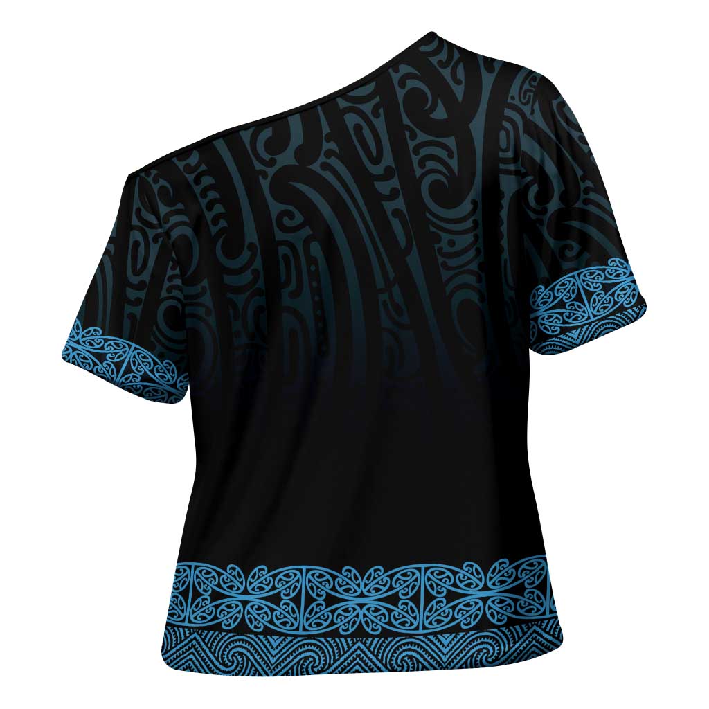 New Zealand Maori Kowhaiwhai Cross Shoulder Shirt Kikorangi Maui and Mangopare - Polynesian Pride