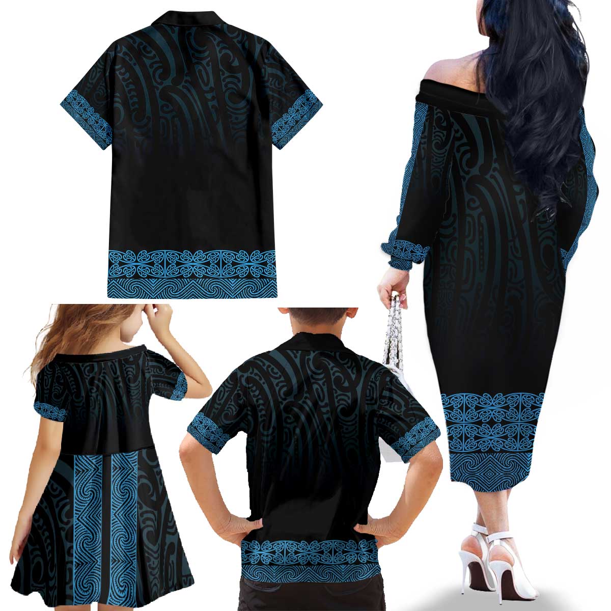 New Zealand Maori Kowhaiwhai Family Matching Off The Shoulder Long Sleeve Dress and Hawaiian Shirt Kikorangi Maui and Mangopare