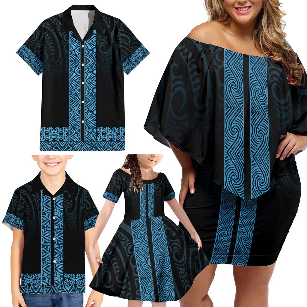 New Zealand Maori Kowhaiwhai Family Matching Off Shoulder Short Dress and Hawaiian Shirt Kikorangi Maui and Mangopare