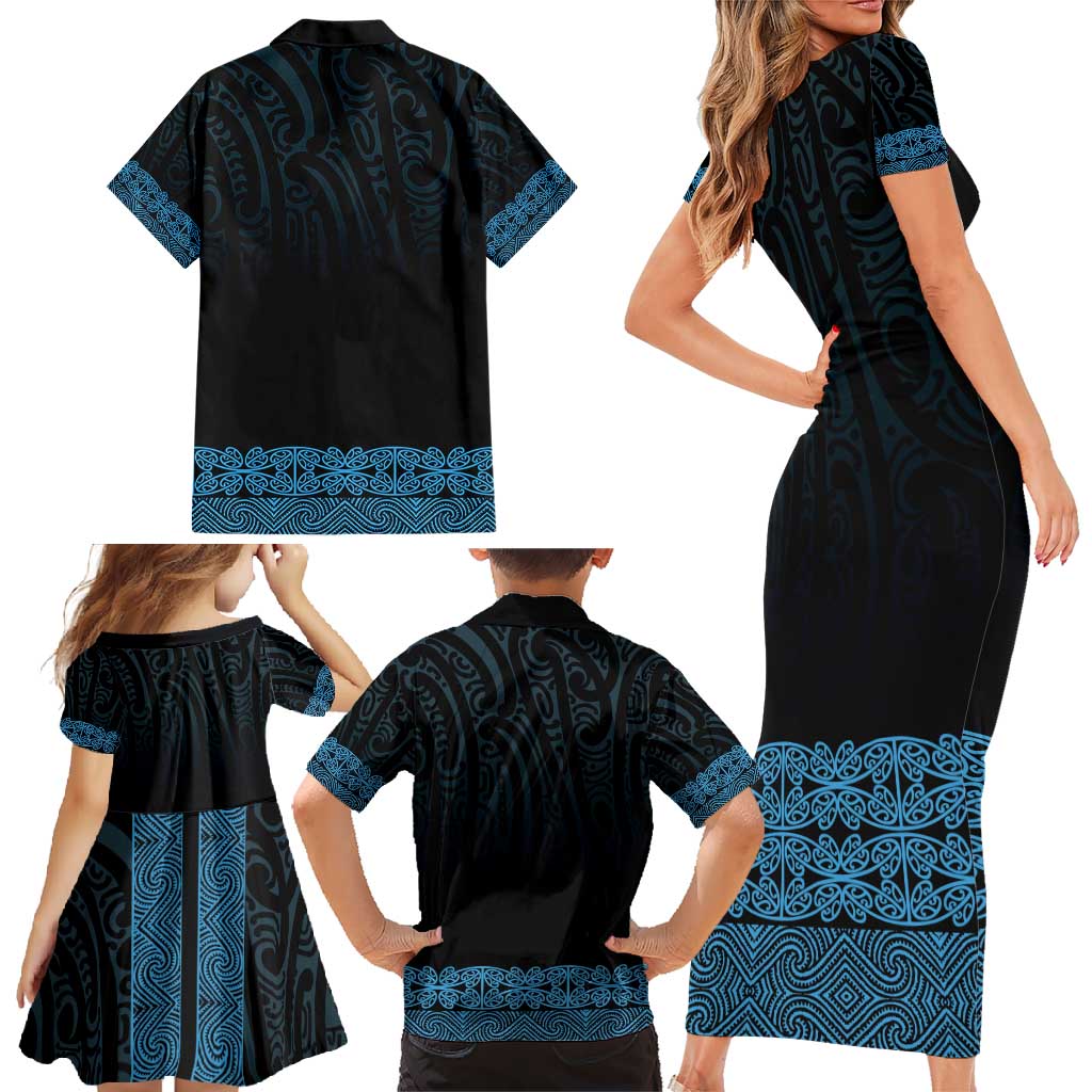 New Zealand Maori Kowhaiwhai Family Matching Short Sleeve Bodycon Dress and Hawaiian Shirt Kikorangi Maui and Mangopare