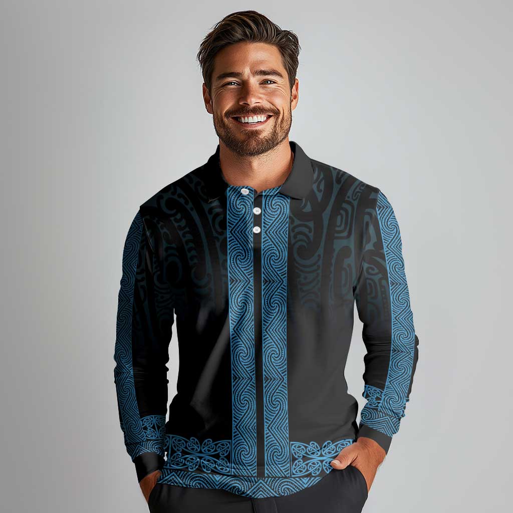New Zealand Maori Kowhaiwhai Long Sleeve Polo Shirt Kikorangi Maui and Mangopare