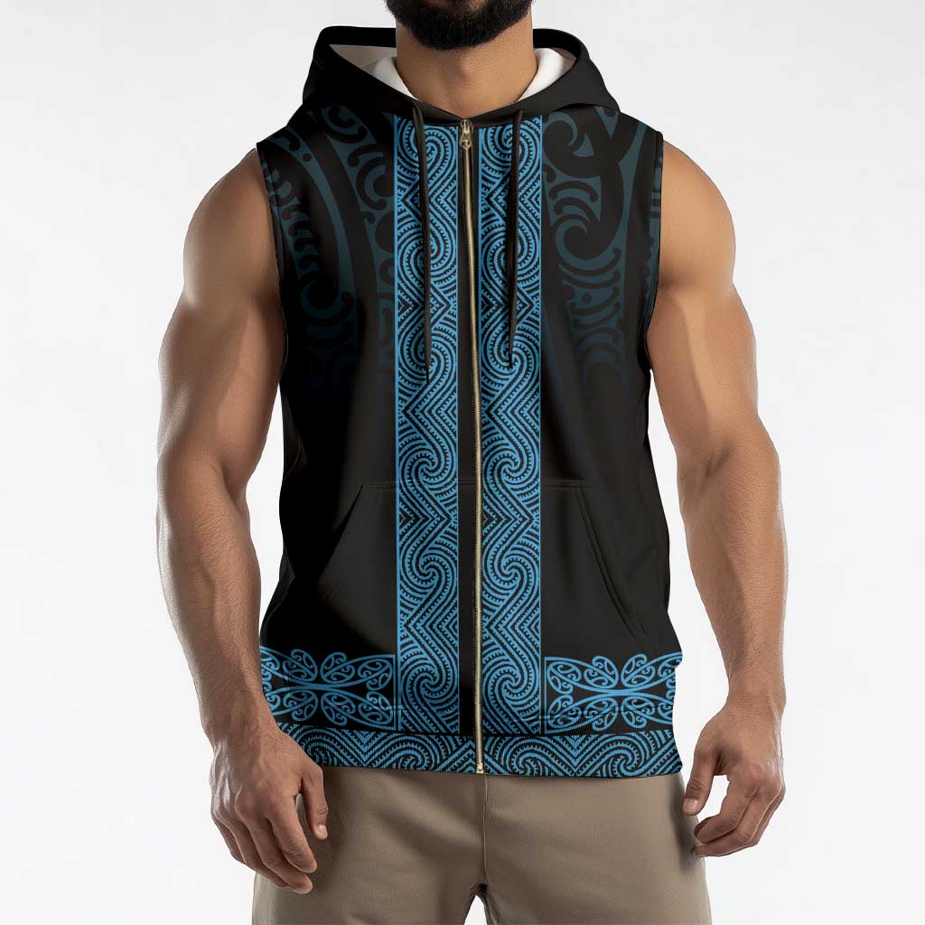 New Zealand Maori Kowhaiwhai Sleeveless Zip Hoodie Kikorangi Maui and Mangopare - Polynesian Pride
