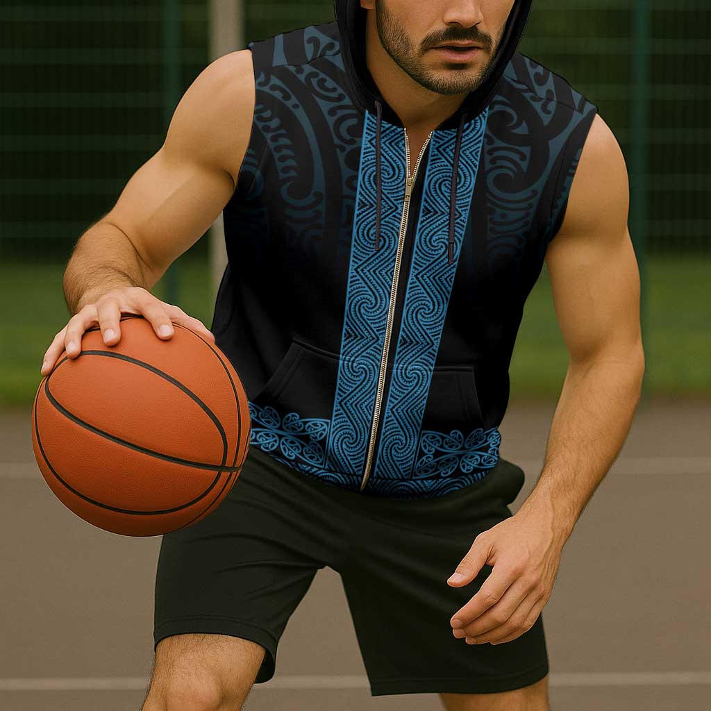 New Zealand Maori Kowhaiwhai Sleeveless Zip Hoodie Kikorangi Maui and Mangopare - Polynesian Pride