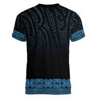 New Zealand Maori Kowhaiwhai Women V-Neck T-Shirt Kikorangi Maui and Mangopare