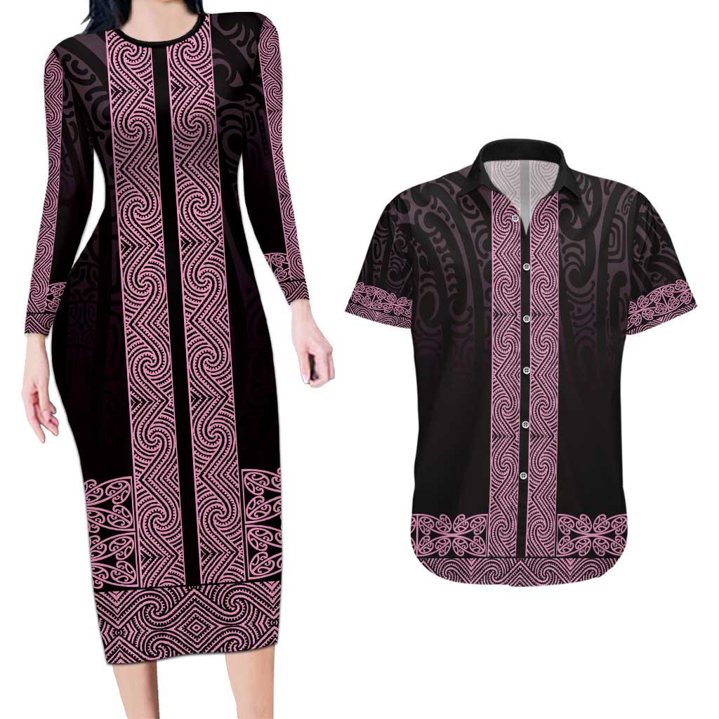 New Zealand Maori Kowhaiwhai Couples Matching Long Sleeve Bodycon Dress and Hawaiian Shirt Mawhero Maui and Mangopare