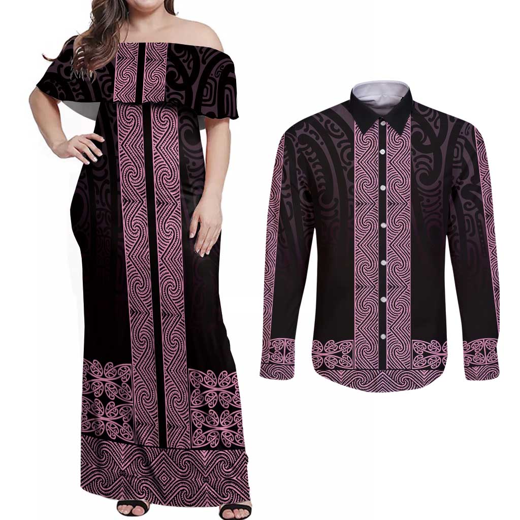 New Zealand Maori Kowhaiwhai Couples Matching Off Shoulder Maxi Dress and Long Sleeve Button Shirt Mawhero Maui and Mangopare