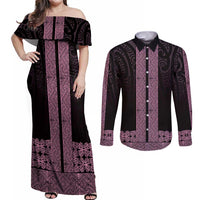 New Zealand Maori Kowhaiwhai Couples Matching Off Shoulder Maxi Dress and Long Sleeve Button Shirt Mawhero Maui and Mangopare