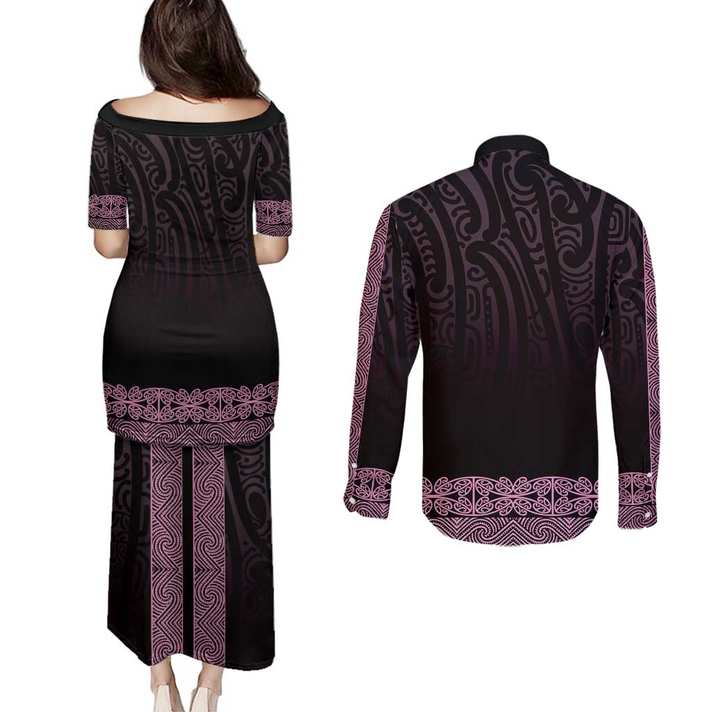 New Zealand Maori Kowhaiwhai Couples Matching Puletasi and Long Sleeve Button Shirt Mawhero Maui and Mangopare