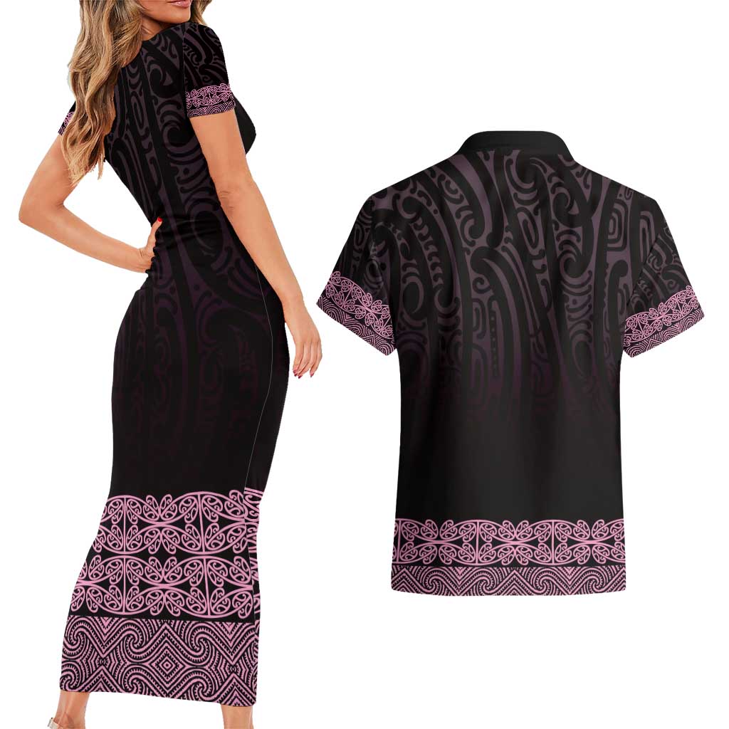 New Zealand Maori Kowhaiwhai Couples Matching Short Sleeve Bodycon Dress and Hawaiian Shirt Mawhero Maui and Mangopare