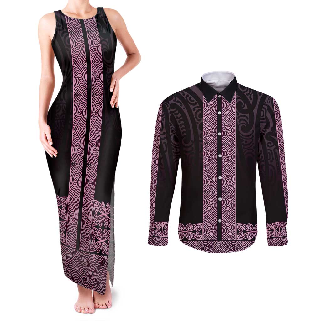 New Zealand Maori Kowhaiwhai Couples Matching Tank Maxi Dress and Long Sleeve Button Shirt Mawhero Maui and Mangopare