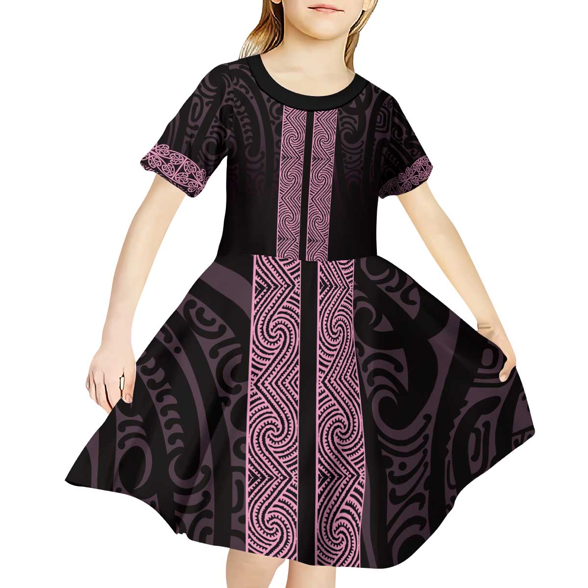 New Zealand Maori Kowhaiwhai Kid Short Sleeve Dress Mawhero Maui and Mangopare