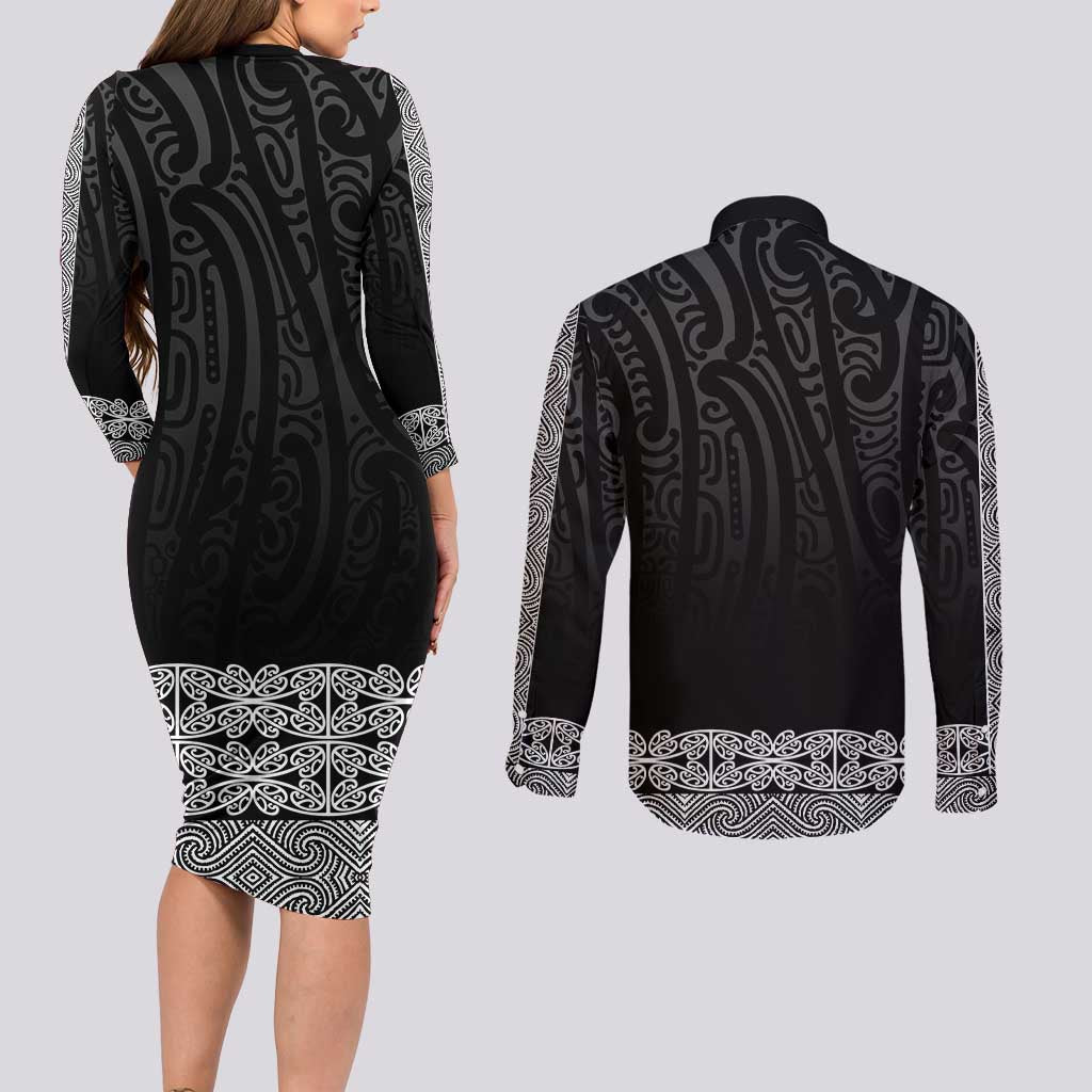 New Zealand Maori Kowhaiwhai Couples Matching Long Sleeve Bodycon Dress and Long Sleeve Button Shirt Pango Maui and Mangopare