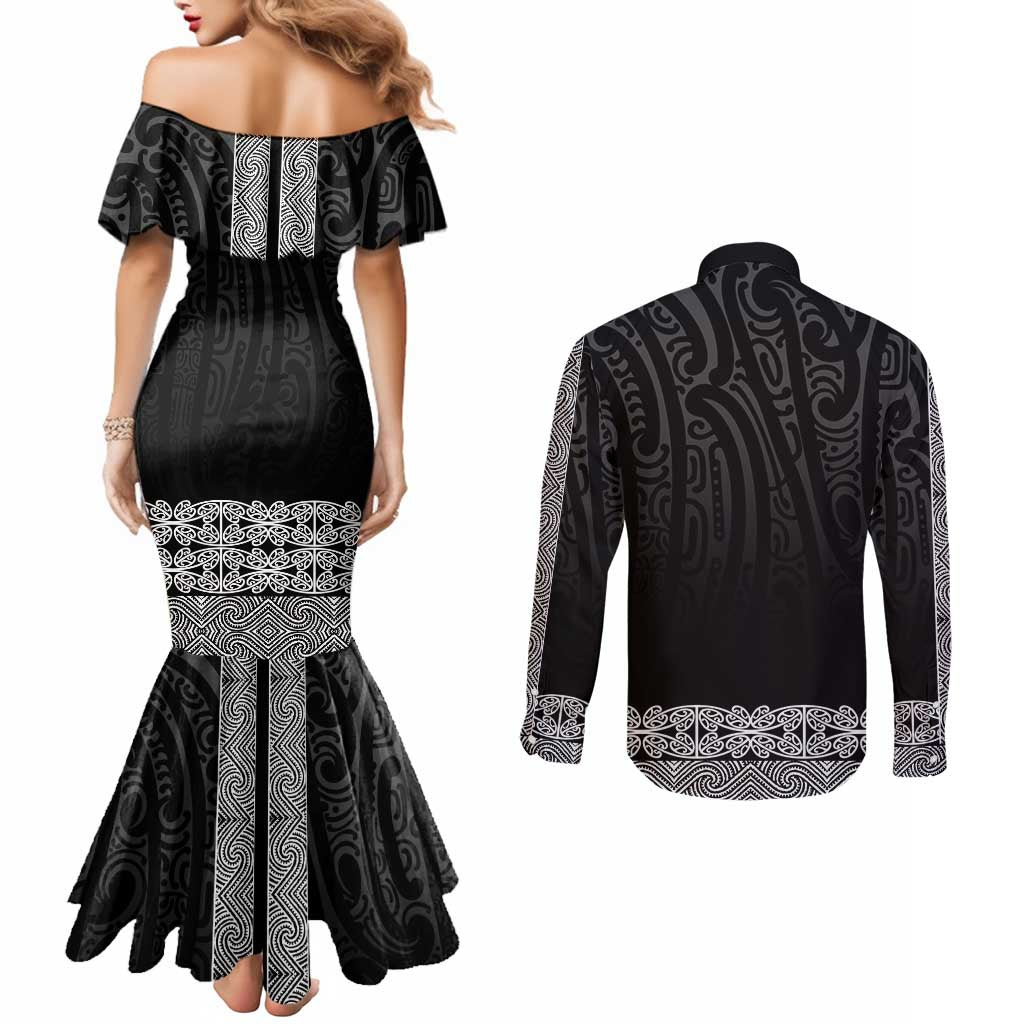 New Zealand Maori Kowhaiwhai Couples Matching Mermaid Dress and Long Sleeve Button Shirt Pango Maui and Mangopare