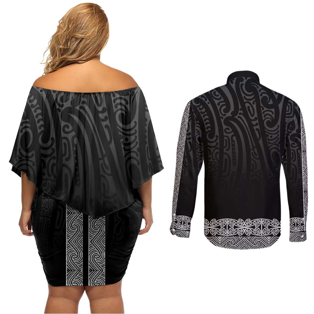 New Zealand Maori Kowhaiwhai Couples Matching Off Shoulder Short Dress and Long Sleeve Button Shirt Pango Maui and Mangopare