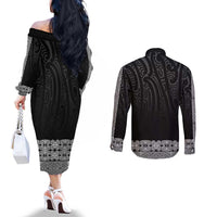 New Zealand Maori Kowhaiwhai Couples Matching Off The Shoulder Long Sleeve Dress and Long Sleeve Button Shirt Pango Maui and Mangopare